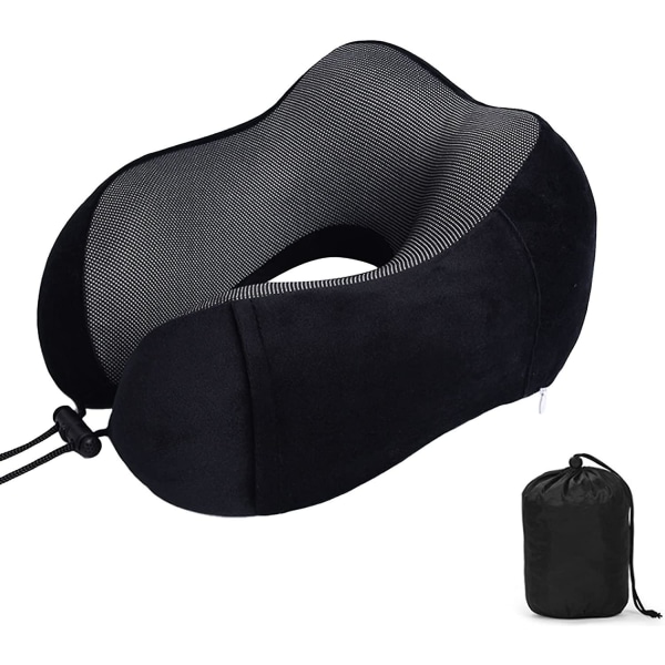 Reisepute, Reise- eller flypute i minneskum, ergonomisk designet nakkestøttepute for å forhindre fremoverlent hode, reisepute for voksne black