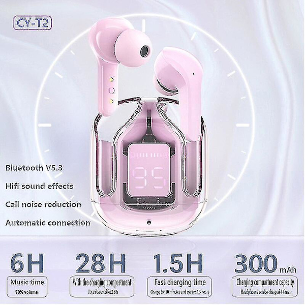Cy-t2 Trådløse Bluetooth Headset Transparent Enc Høretelefoner Led Power Digital Display Stereo Lyd Øretelefoner Til Sport Arbejde (dp)