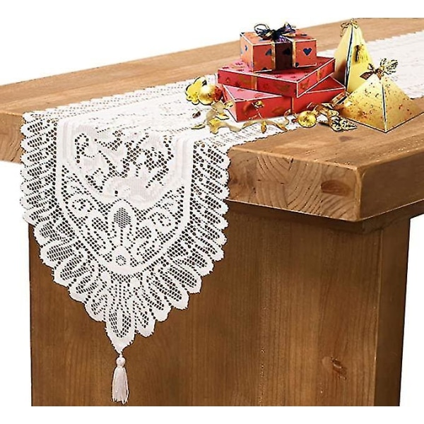 White 13x60'' Holiday Embroidered Table Runner Tassel