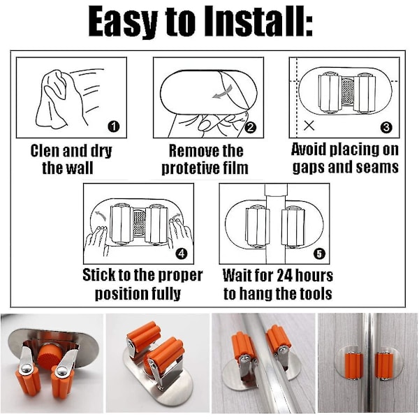 2 stk Selvklebende 3m Rustfritt Stål Multifunksjonell Mopp- og Kosterholder For Mopp / Koster /