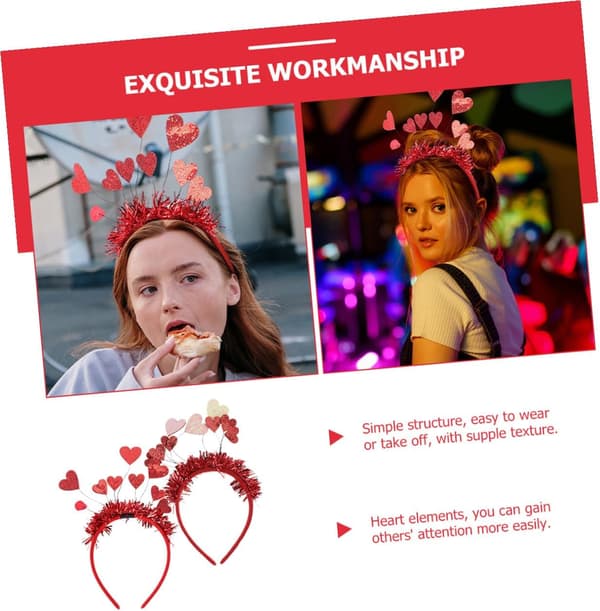 2 stk. Valentinsdag-hårbånd for voksne, hjerteformede hårtilbehørsett i rødt og rosa, festlig hodeplagg