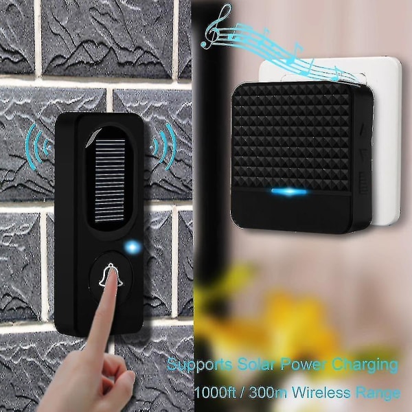 Solcellsdriven Vattentät Trådlös Dörrklocka Plug Smart Dörrklocka (svart) A-yuhao