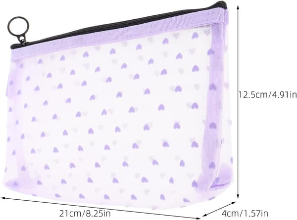 Stor lilla hjerte-mesh makeuptaske med lynlås, rejsetoilettaske