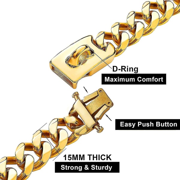 Guld Hundekrave med Sikker Spænde Design, Tyggebestandig, Robust Rustfrit Stål Kæde