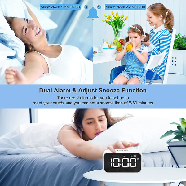 Digital Klocka med Sovtimer, Snooze, Batteridriven och USB-Laddning med Dubbla Alarm