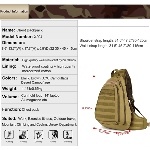 Taktisk brysttaske Militær skuldertaske Molle Triangle Pack Crossbody-taske Vandtæt German Army Ev