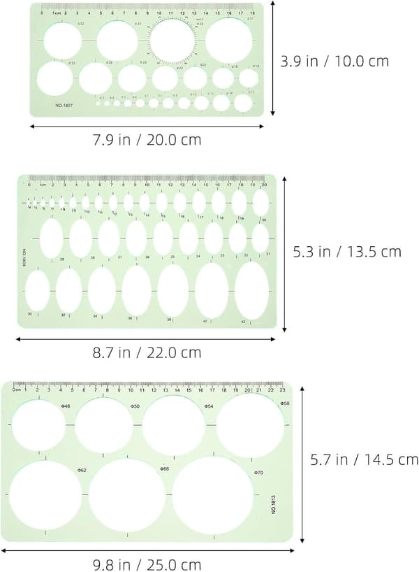 3 st geometriska ritmallar set 45° ellipsmall plastritlinjaler