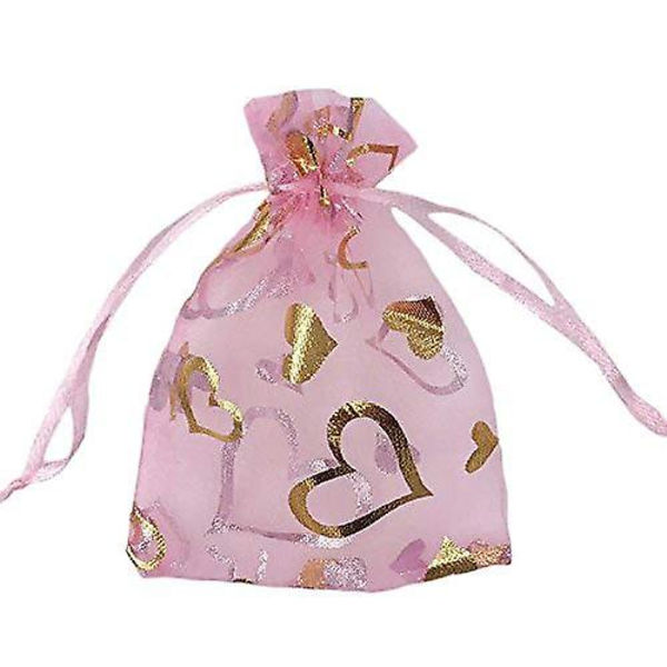 100 stk. 3,5 x 4,7 tommer Ren Pink Trækkesnor Hjerte Organza Gaveposer Bryllup Fest Jul Smykkerposer