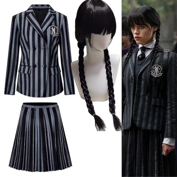 Wednesday Addams Flicka Barn Uniform Peruk Fancy Up Kostym Rollspel Dräkt 5-6 Years Dress and Wig