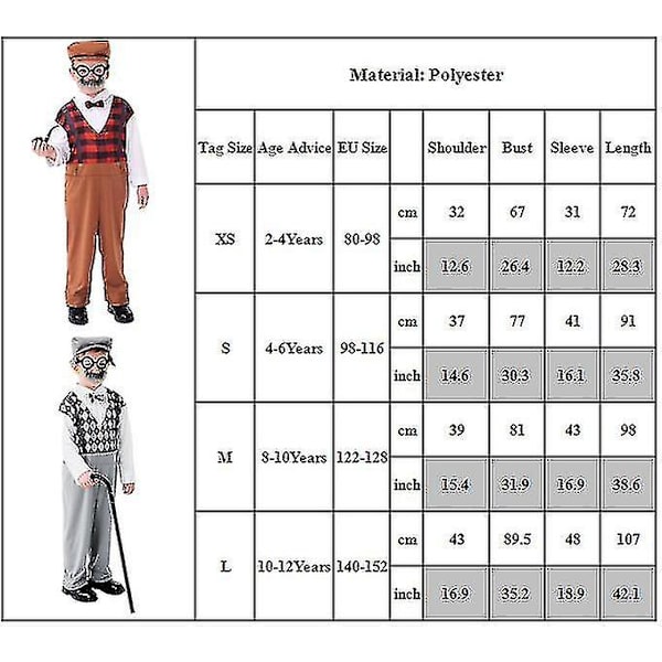 Gammel Mand Performance Kostume Til Børn Drenge Bedstefar Fancy Up Outfits Med Tilbehørspakke Tøj 2-4 Years Gray
