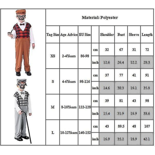 Gammel Mann Ytelse Kostyme For Barn Gutter Bestefar Fancy Up Antrekk Med Tilbehør Kit Klær 10-12 Years Gray