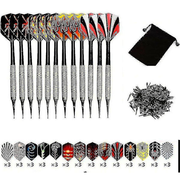 Dartset, 12 Pack Mjuka Dartpilar Med Mjuka Spetsar För Elektroniska Darttavlor Med Extra 42 Dartfjädrar Och 100 Svarta Plastspetsar -gt