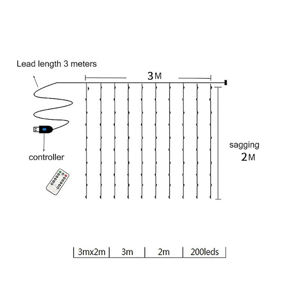 Gardinslynge med 200 LED Lys 3m X 2m Julelys Vandafvisende USB-drevet 8 Tilstande Fjernbetjening Lysstreng Til Soveværelse Vægge Vindue Terrasse Fest Jul Ind Color