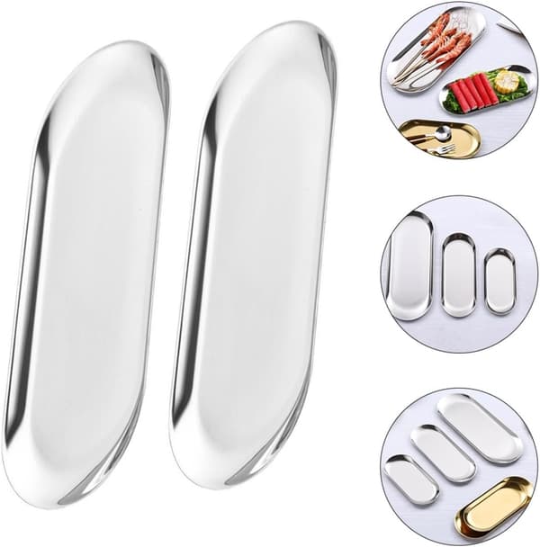 2 st serveringsbricka i rostfritt stål, silver oval förvaringsbricka för sallad och torkad frukt