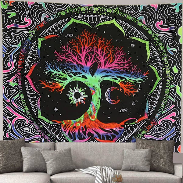 Elämänpuun seinävaate, Mandala-aurinko ja -kuu seinävaate, Hippie UV-reaktiivinen seinäkoriste