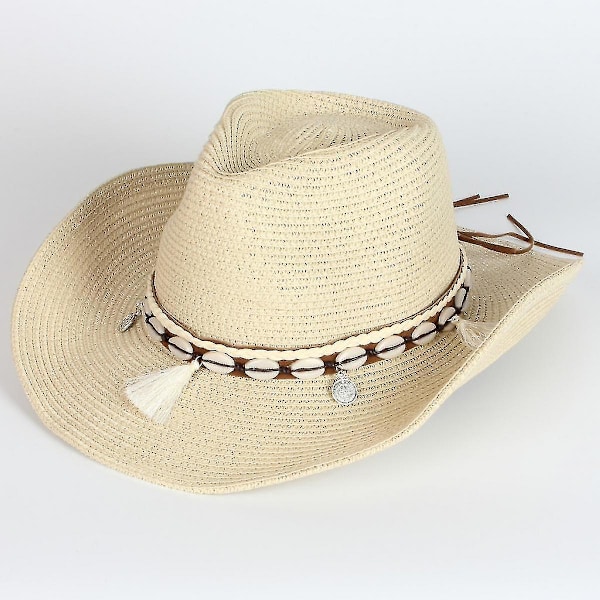 Damer Sommer Halm Denim Cowgirl Hat Solhat Bredbremmet Strand Resort Halmhat Med Skalrem (Beige)