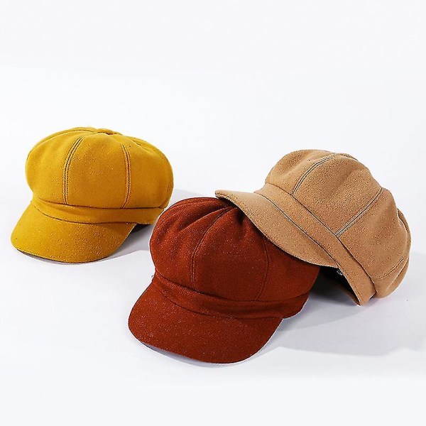 Ensfarget Ull Newsboy Caps Oktagonal 8-Panel Hatt Kvinner Høst Vinter