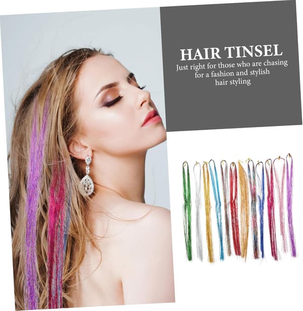 Silke Hår Tinsel Extensions Sæt Hår Tinsel til Festfletninger Inkluderer Krogenål og Perler