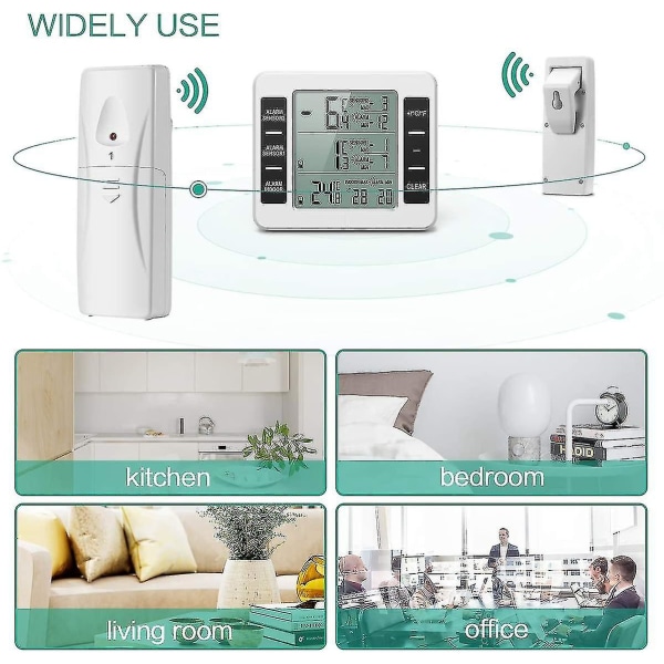 Køletermometer, digitalt frysetermometer med indendørs temperaturovervågning og 2 trådløse sensorer