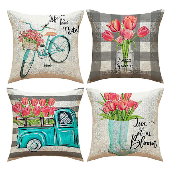 4 stk/sett Røde Tulipaner Putetrekk Mykt Flerfarget 45x45cm Lin