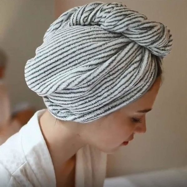 Hurtigtørrende Brusehat Bamboo Mikrofiber Hårhåndklæde Wrap Grå Stribet Hurtigtørrende Bruse Turban Hat
