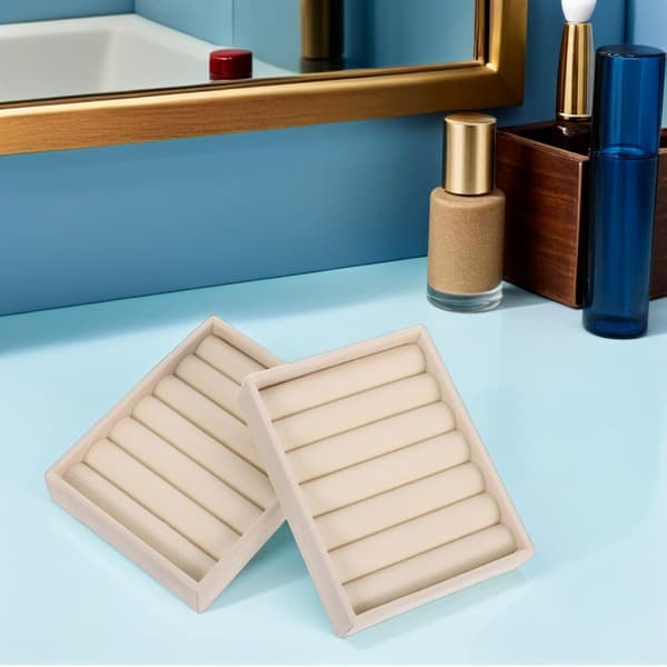 2 stk. ringorganiseringboks med mykt fôr og solid konstruksjon, elegant beige smykkeoppbevaringsbrett