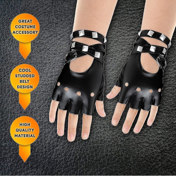 Fingerløse handsker i imiteret læder - Sorte Biker Punk handsker med bæltelukning og nittedesign