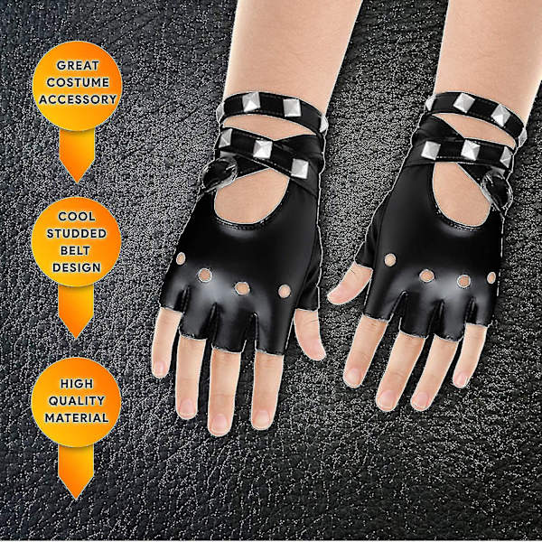 Fingerløse Kunstlæderhandsker - Sorte Biker Punk Handsker Med Bæltelukning Og Nitter Design