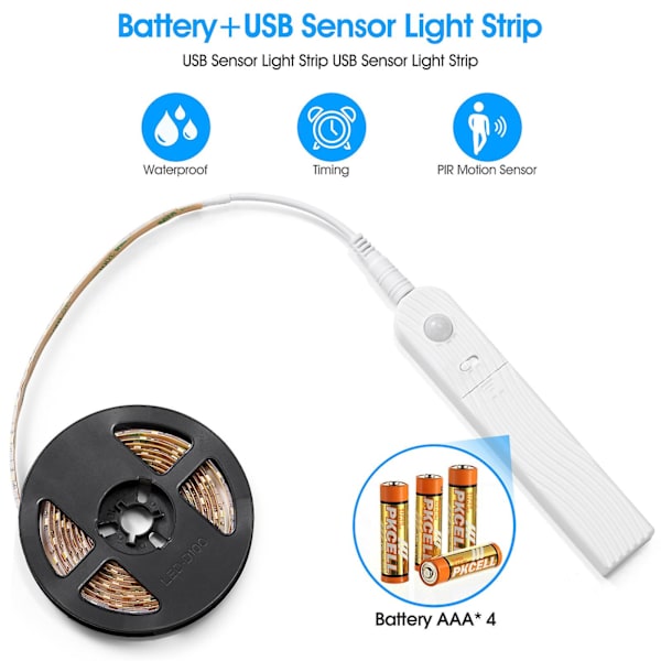 LED Under Cabinet Belysning Bevægelsessensor, 5V Vandafvisende USB LED Skab Natlys Bånd (Hvidt Lys, 2m)