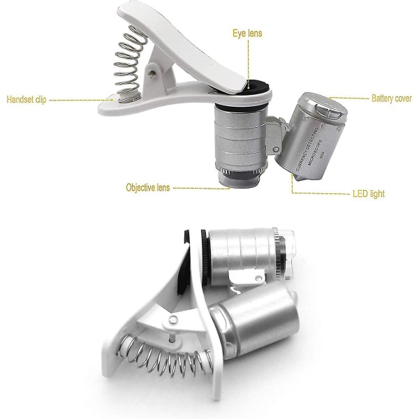 60x Zoom Mikroskopförstoringsglas, LED + UV-ljus Clip-on Mikrolins för Universal Mobiler Universal Klämma för Telefon, Monokelglasögon (60x Cli