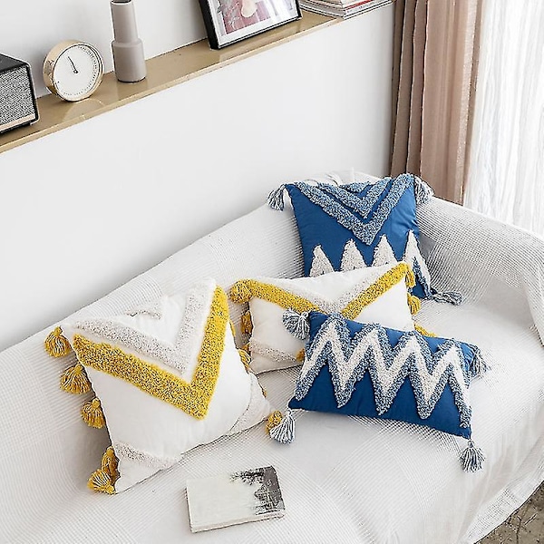 Kuddfodral Boho Modern Dekoration Blå Tuftad Frans Dekoration Kuddfodral För Sovrum