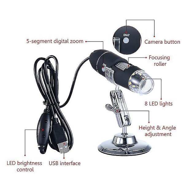 1600x USB-digitaalinen mikroskooppikamera endoskooppi 8 LED-jalustalla