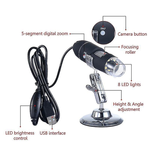 1600x USB digital mikroskopkamera 8LED-förstoringsstativ