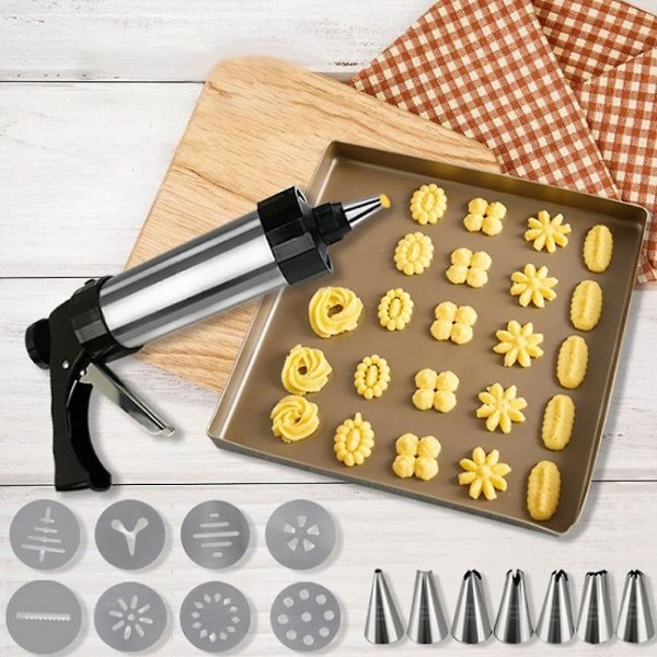Kageformningssæt, Cookie Maker Press Gun Kit, rustfrit stål bageudstyr til kagefremstilling og glasur