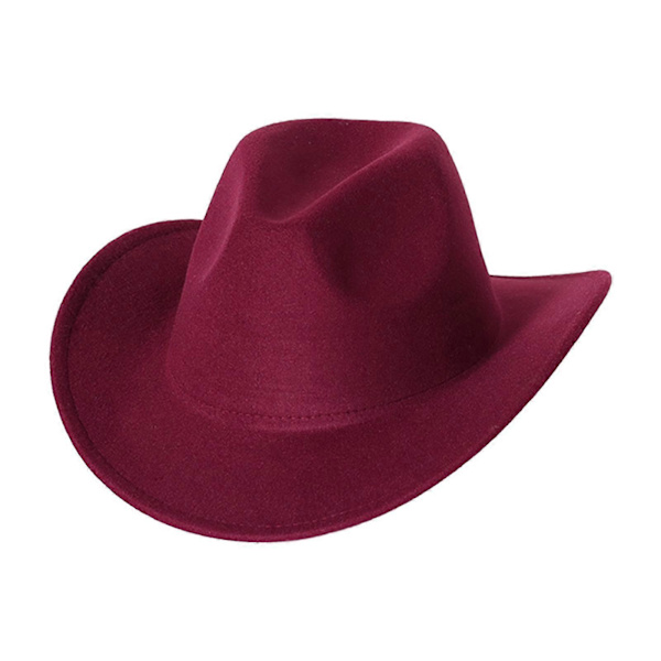 Cowboy Hat Ensfarvet Vild Unisex Anti-Pilling Komfortabel Kostumefest Tilbehør Filt Rullet Kant Cowgirl Hat Til Udendørs Wine Red