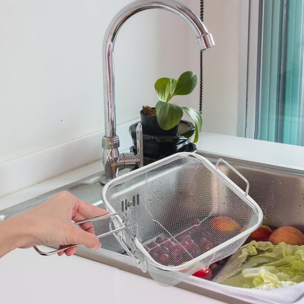 Dreneringskurv i rustfritt stål med håndtak, rektangulær nettingdørslag for grønnsaksvask