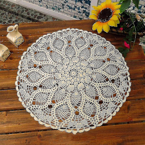 Sinknap 60cm Rund Spetsduk i Bomull, Handvirkad, Hål, Bordduk -xx Beige