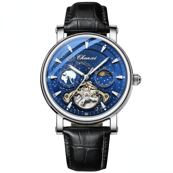 Månfas ihåligt svänghjul mekanisk watch watch Automatisk lysande watch Belt blue surface