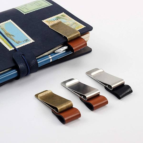 4 Stylusclips i Læder med Klips, Læderpenneholder og Metalclips, Rustfrit Stålpen