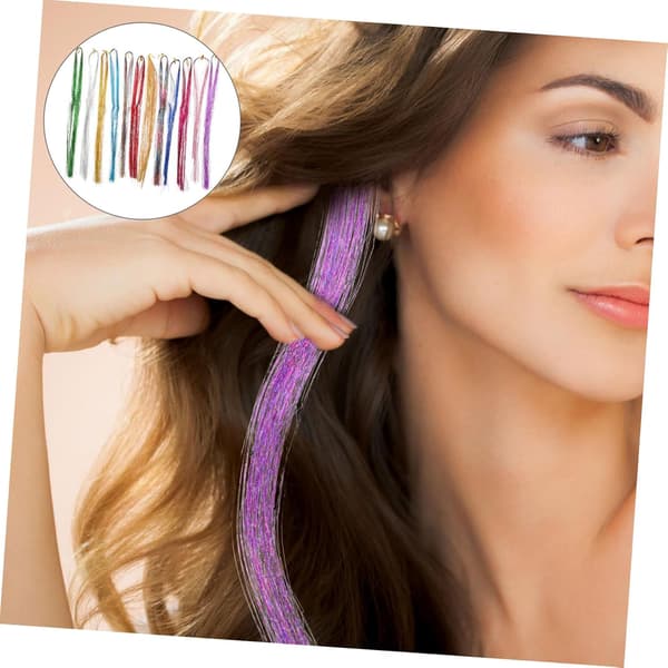 Silke Hår Tinsel Extensions Sæt Hår Tinsel til Festfletninger Inkluderer Krogenål og Perler