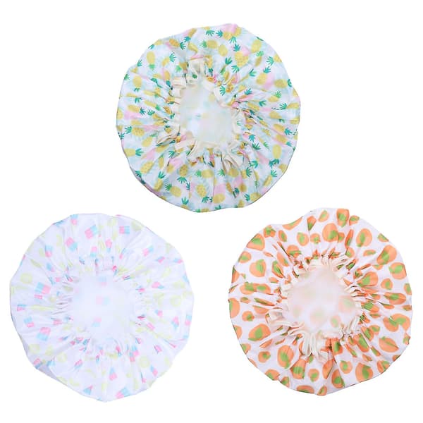 3-pack Elastiska Dubbellager Snygga Tryckta Duschmössor Vattentäta Satin Badmössor