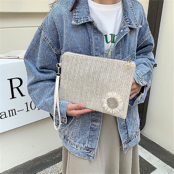 Ny Halm-Flettet Blomster Håndleds Clutch Taske Konvolut Pung Kort Holder: (beige1stk)