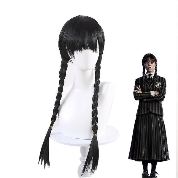 Kvinders Wednesday Addams Kostume Sæt - Gotisk Mesh Kjole og Paryk L Only Wigs