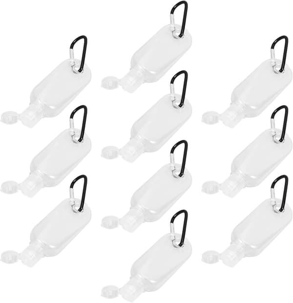 10 st 30 ml påfyllningsbara reseflaskor för handsprit med snäpplock och krok, bärbara underförpackningsbehållare