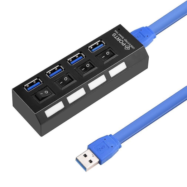 Kdq1 USB 3.0 Hub med 4 porter, 5 Gbps, for PC-bærbar PC med av/på-bryter, svart