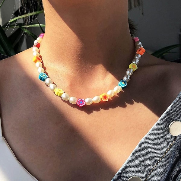 Boho Simulerad Pärla Beadad Choker Halsband Beadad Med Färgglada Blommor Halsband Lmell Present