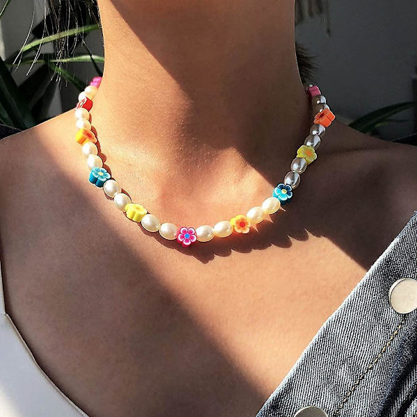 Boho Simulert Perle Kjede Halskjede Perlet med Fargerik Blomst Halskjede Lmell Gave