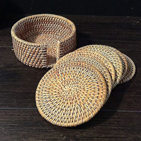 Rattan-pöytäliinat Kudotut Aluslautasen Aluslautasen Sarja 6 Pyöreä Ruskea