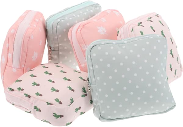 6 stk. kompakt bomullsveske for menstruasjonsbind for kvinner, oppbevaringspose for menstruasjonsbind