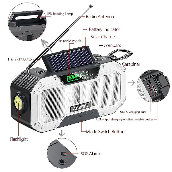 Ipx5 Vandtæt Autoscan Nødradio Solenergi Håndsvingbar Bærbar Am/fm Radio 2000/ Til Udendørs Med Lommelygte as pic 3